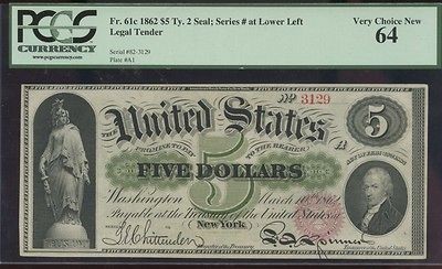 1862 REDSEAL EARLY LEGAL TENDER PCGS 64 ONLY 7 PIECES KNOWN