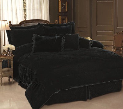 7PC BLACK VELVET COMFORTER SET BED IN A BAG KING