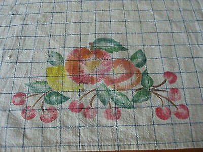 Two VINTAGE natural color LINEN or Cotton TOWELS screen print fruit