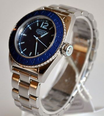 258 Womens Coach Andee Boyfriend Blue Bezel SS Bracelet Watch 