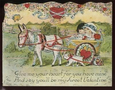 Antique Stand Up c1910s VALENTINE Die Cut Boy & Girl in MULE Drawn 