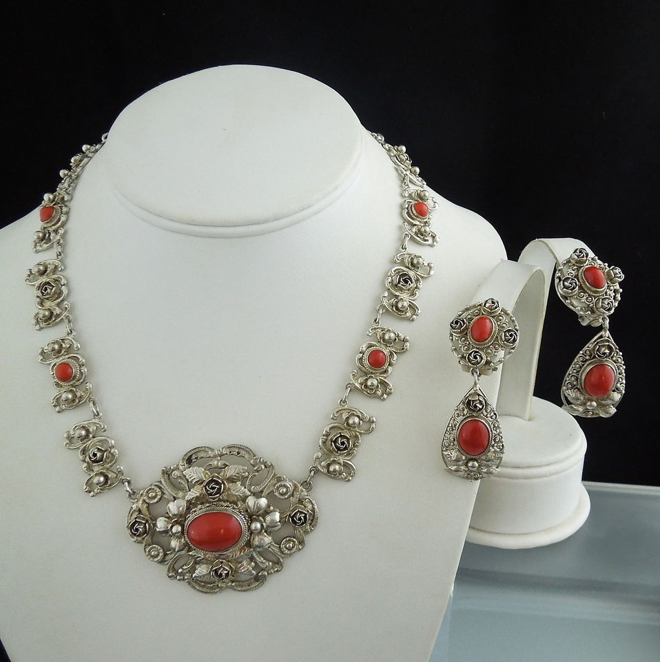   Florence 800 Silver Coral Ornate Floral Necklace & Dangle Earrings Set