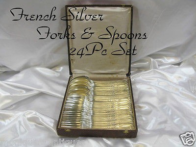 FRENCH 24PC SILVER LOUIS XV ERCUIS FORKS & SPOONS FOR 12