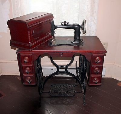 ANTIQUE  TREADLE SEWING MACHINE W/ COFFIN COVER, PUZZLE BOX 