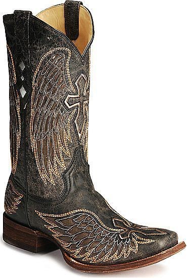 NIB Mens Corral A1972 Black Square Toe Cross and Wing Inlay Cowboy 