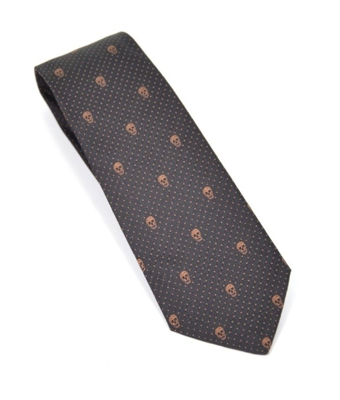   McQUEEN BLACK & BROWN SKULL POLKA DOT TIE BNWT SILK 100% AUTHENTIC