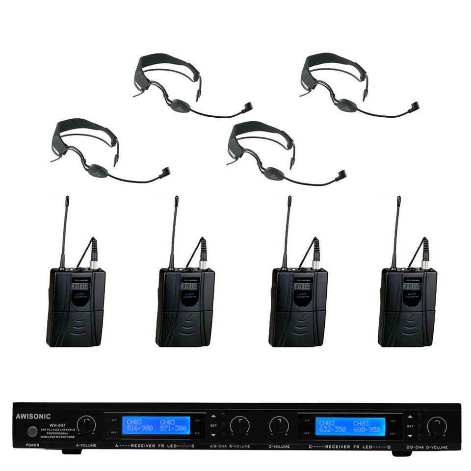   UHF 847B518 4 Channel Headband Headset Wireless Microphone System