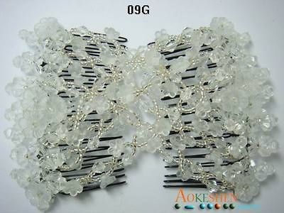   Hair Comb Easy Stretchy Double Clip Jewelry White Beaded Flower J09G