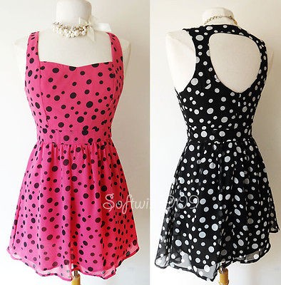 NEW Hot Pink or Black Polka Dot Cutout Back Flare RETRO Chiffon Summer 