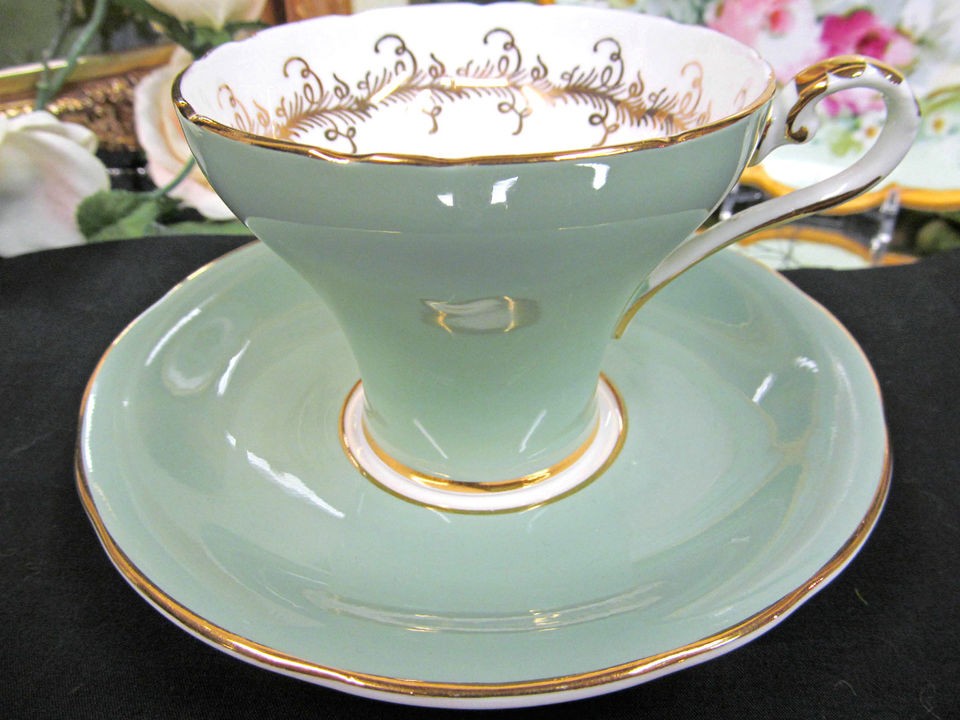 AYNSLEY TEACUP SAGE GREEN CORSET TEA CUP AND SAUCER GOLD GILT 