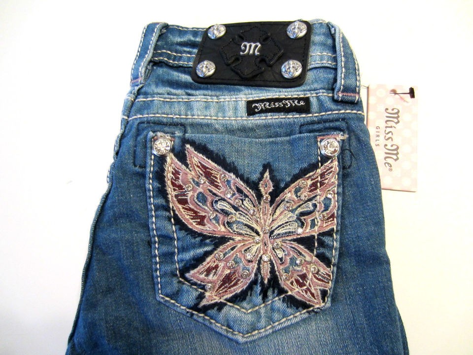   GIRLS KIDS SZ 10 JEAN RHINESTONE BLING BUTTERFLY DESIGN BOOT CUT NWT