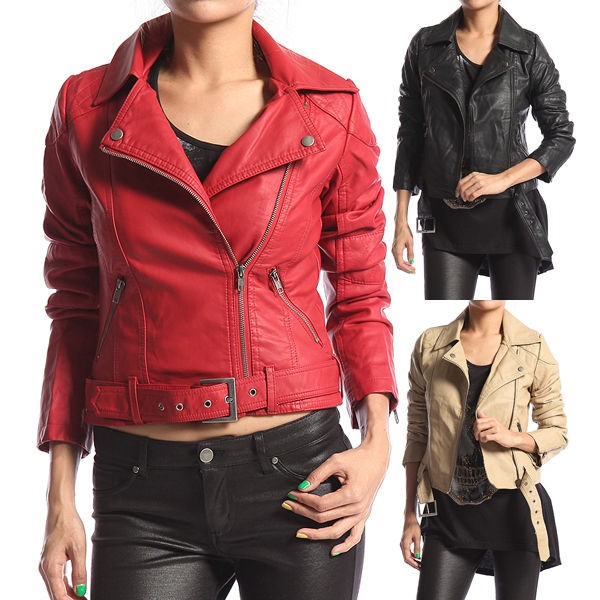   Faux LEATHER JACKET Quilted Shoulder Diagonal zip Belted Biker Bomber