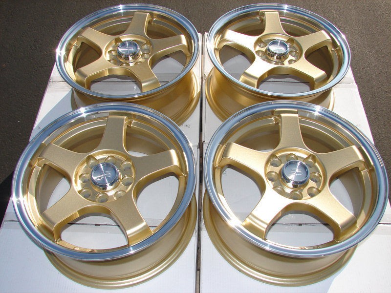 15 4x100 4x114.3 Gold Wheels Sephia Sonata Accord MR2 Elantra Cobalt 