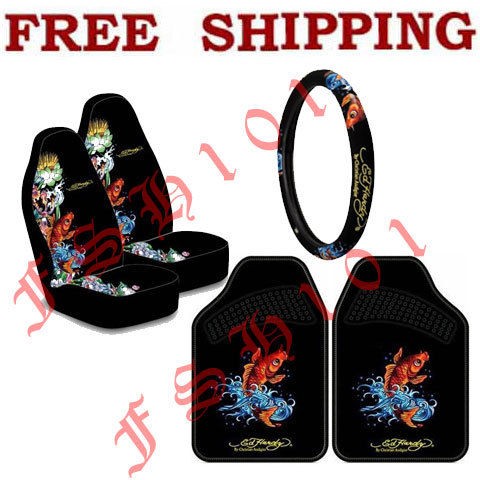 New Set Ed Hardy Koi Fish Seat Covers Steering Wheel Cover Floor Mats