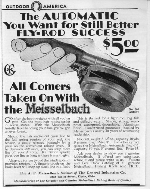   Vintage Ad Meisselbach No. 660 Autofly Fly Fishing Reels Elyria,Ohio