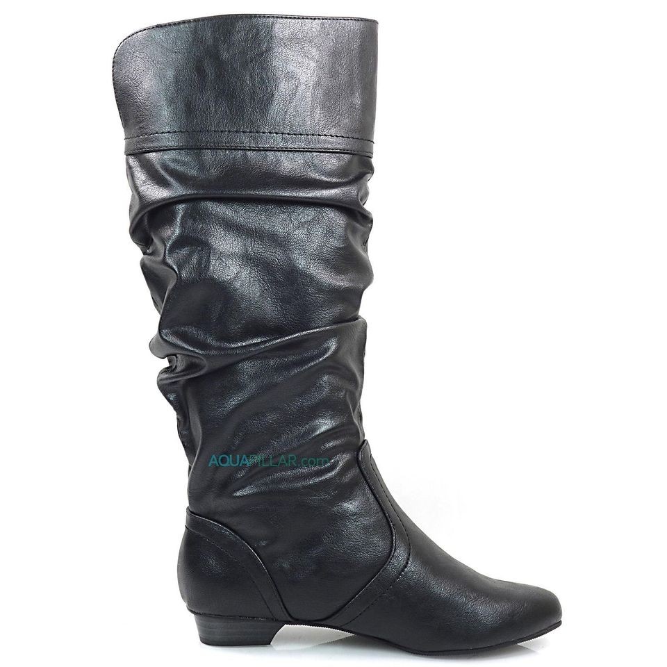 Basal Black P Leather Slouchy MId Calf Plain Almond Toe Flat Boot Soda 