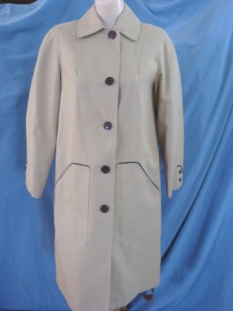 THICK TAN+BROWN TRIM MOD VTG 50s 60s COAT TRENCH RAIN Costume WOMENS M 