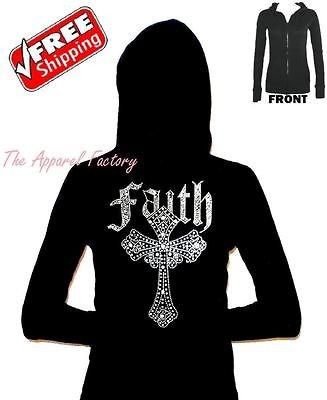 NEW Rhinestone FAITH CROSS Black Junior Thermal Hoodie S XL tank top t 