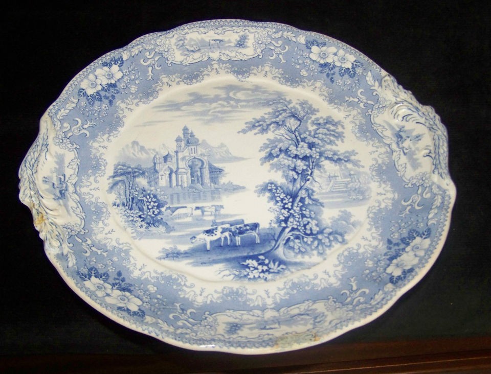 VFancy Blue Transfer Staffordshire England Cows Castle Pat Hdld Pdlstd 