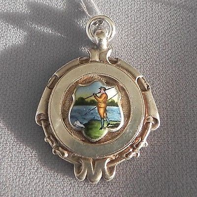   Painted Enamel Fisherman Sterling Silver Watch Fob Award Medal 1936