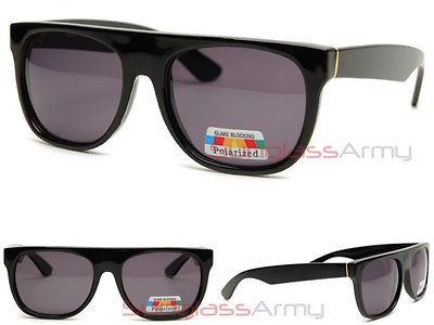 Flat Top Sunglasses BLACK w POLARIZED LENS super retro future wrap 