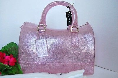 NWT FURLA CANDY BAG ROSA PINK GLITTER COMPLETE SET TAG LOCK SLEEP​ER 