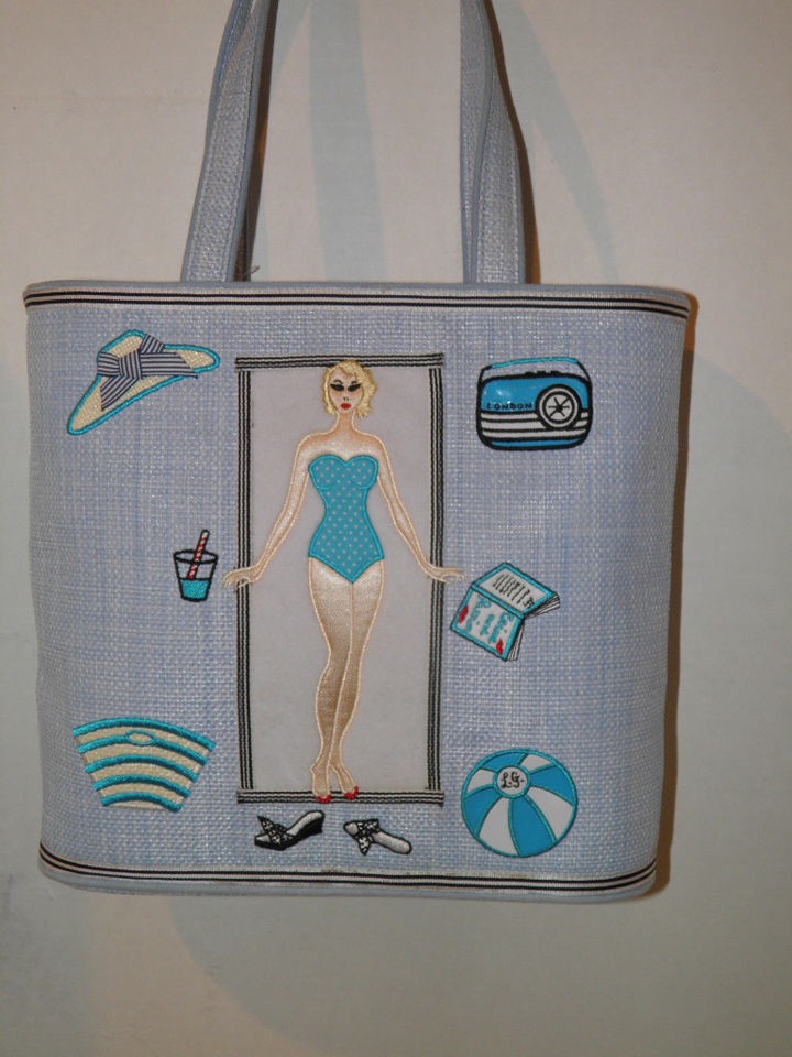 NWOT Lulu Guinness Sunbathing Girl Blue Straw Tote