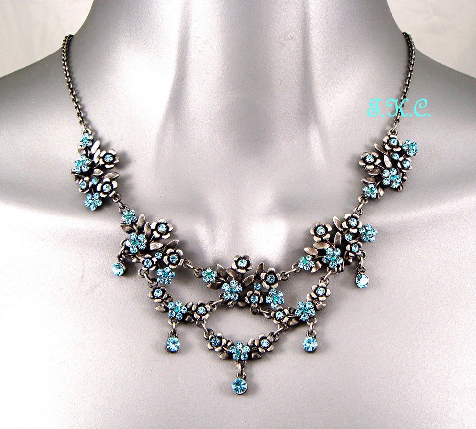   VINTAGE DECO BLUE NOUVEAU FLOWER BUDS NECKLACE w/ SWAROVSKI CRYSTALS