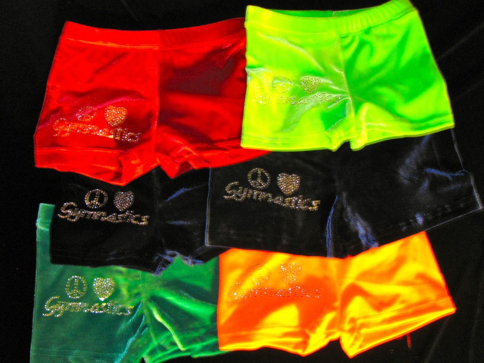 GYMNASTIC SHORTS VELVET PEACE LOVE GYM RHINESTONES 1 INSEAM YOUTH 