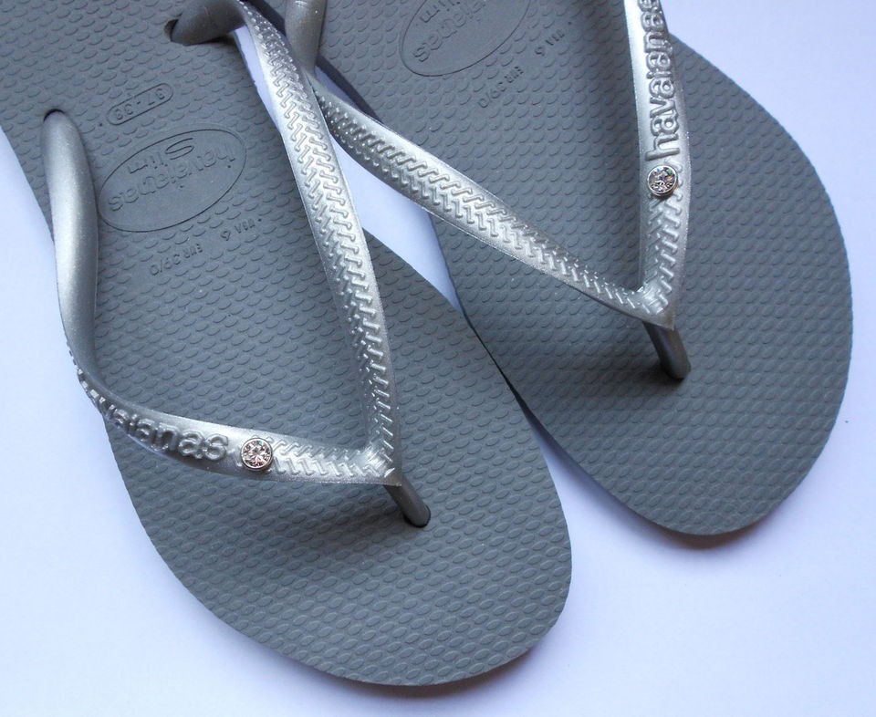 HAVAIANAS SLIM METAL SILVER FLIP FLOPS SANDALS SWAROVSKI CRYSTALS 