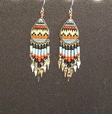 Earrings in a Southwest Design Handcrafted in Turquoise, Red and Pale 