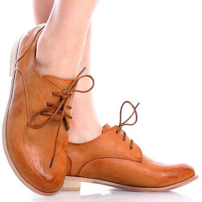 Brown Vtg Style Distressed Lace Up Brogue Oxford Women Low Heel Shoes 