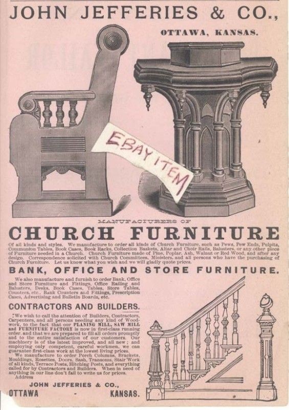 1888 RARE AD OTTAWA KANSAS JOHN JEFFERIES & COMPANY CHURCH FURNITURE 