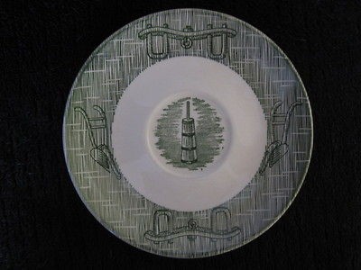 Currier & Ives Vintage Green China 6 saucer Ox & Yoke Butterchurn 