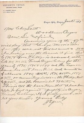 1899 Oregon City, Letter   J E Jack, Deputy, Sheriffs Office
