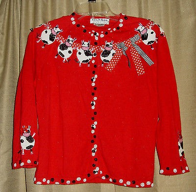 Red JACK B QUICK Black White Beaded COW Barn COUNTRY Cardigan SWEATER 