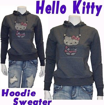 Cute Hello Kitty Sweater with Hoodie,Lot Studs,Elastic Waist Gray 