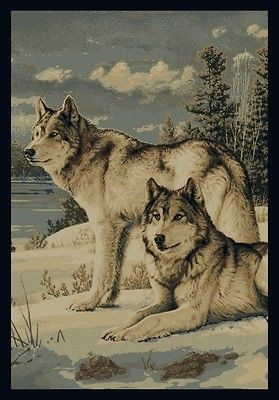 ANIMAL wolf LAKE pines 2x3 area rug CABIN lodge CARPET  Actual Size 1 