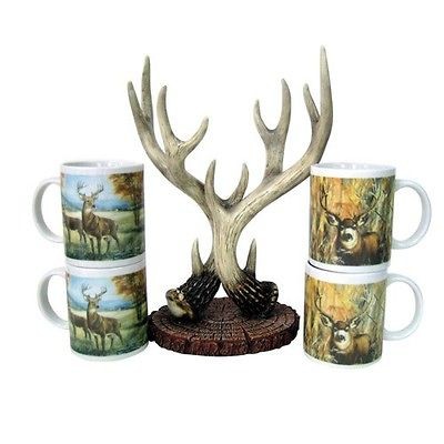 DEER ANTLER COFFEE MUG SET WHITETAIL HUNTING LODGE LOG CABIN HOUSE 