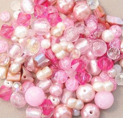 LARGE LOT 150+ Pink & White Bead Mix Sizes 4mm   15mm *low s/h fee **