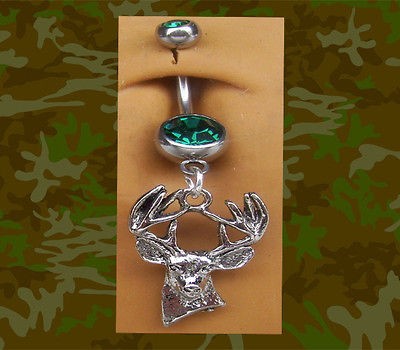 BUCK DEER HUNTER GREEN GEM DANGLE BELLY NAVAL RING NEW