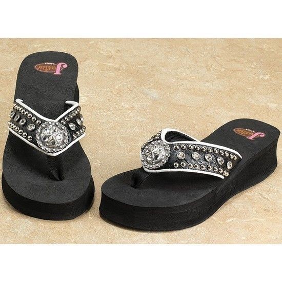 Womens Justin Katie Black Star Bling Flip Flops 551320