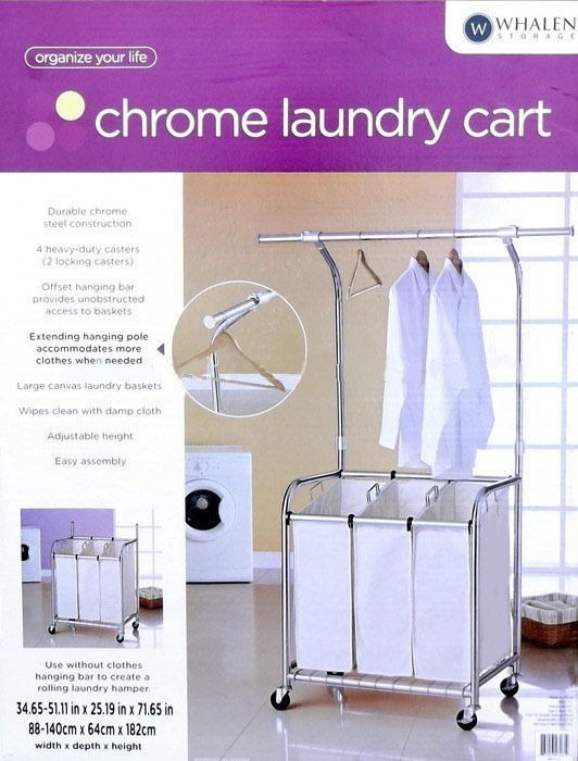 Whalen Laundry Cart Chrome 3 Clothes Compartments + Hanging Pole