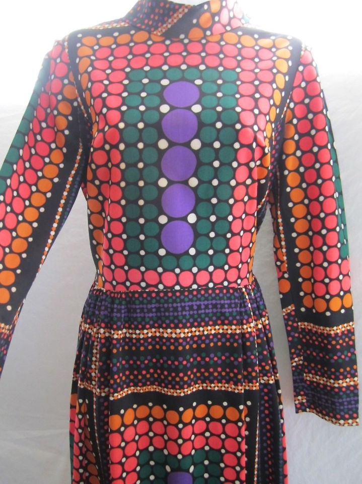 VTG Julie Miller Maxi Dress Sz Small Mod Op Art Hippie Polka Dots 