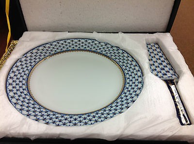 New Russian Lomonosov Design Cobalt Net Blue cake plate with spatula