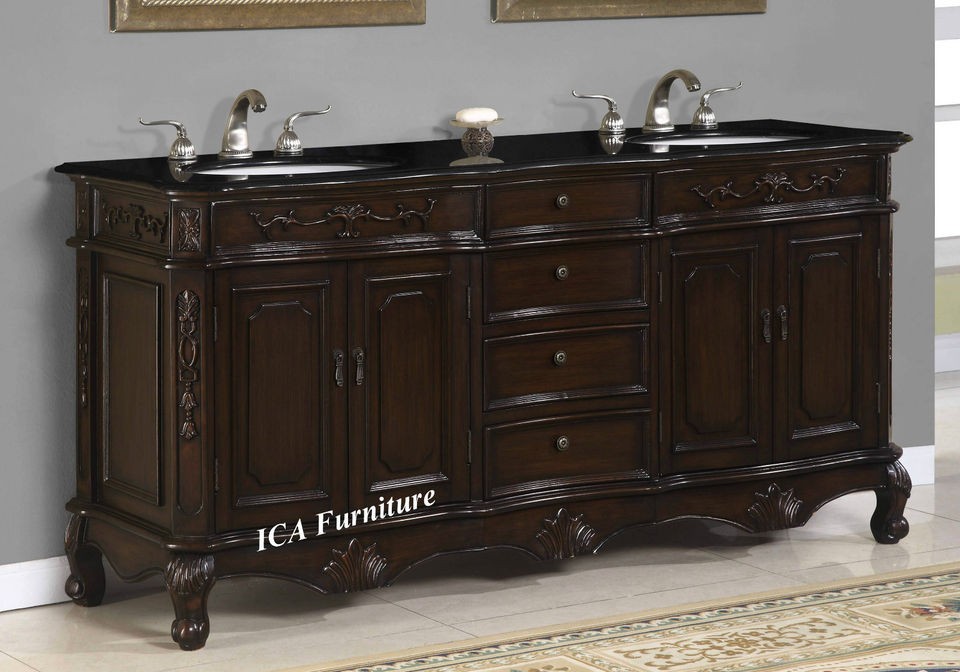 72 Double Sink Bathroom Vanity Cabinet with Black Granite Top #1171