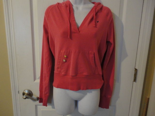 AMERICAN EAGLE Pink V Neck Kangaroo Drawstring Hoodie Pullover 