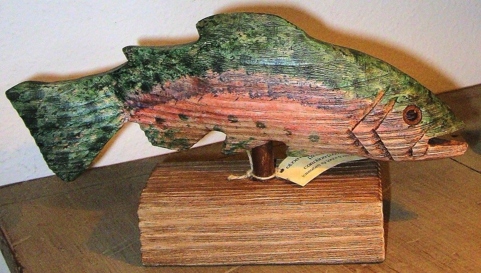   .~Hand Carved & Hand Painted LANCE LONG WOOD RAINBOW TROUT~FOLK ART