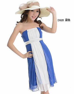 Two Layer White Blue Strapless Ruched Bust Back Belt Bowknot Beach 