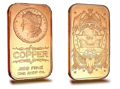 One Ounce .999 COPPER Bar Bullion Morgan 2012 Design 1 oz. Ingot